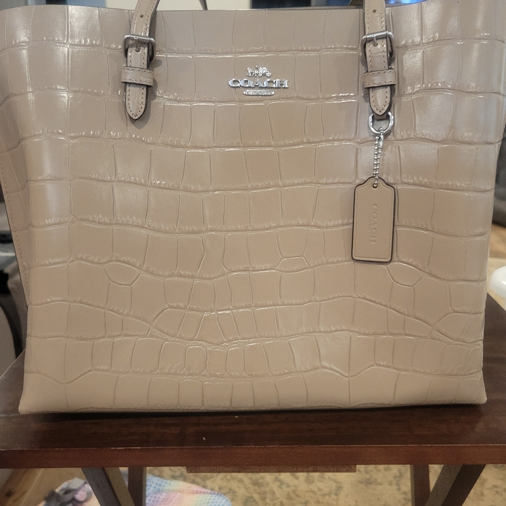 Coach Beige Croc-Embossed Mollie Tote Bag